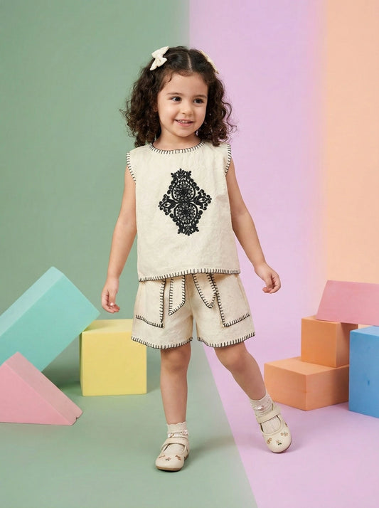 Girls Black Embroidered Cotton Co-ord Set (Top and Shorts)