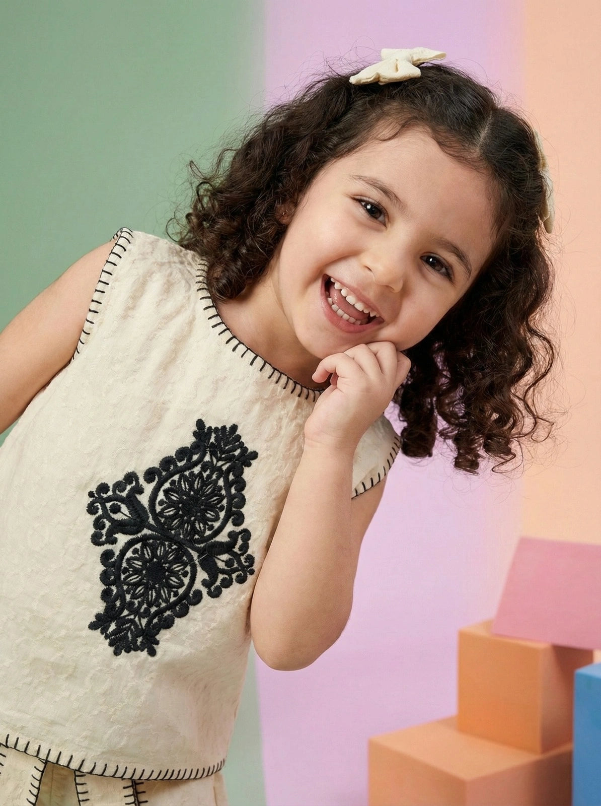 Girls Black Embroidered Cotton Co-ord Set (Top and Shorts)