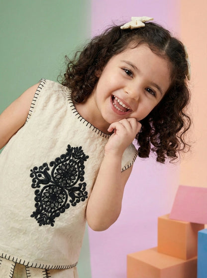 Girls Black Embroidered Cotton Co-ord Set (Top and Shorts)