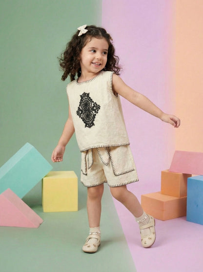 Girls Black Embroidered Cotton Co-ord Set (Top and Shorts)