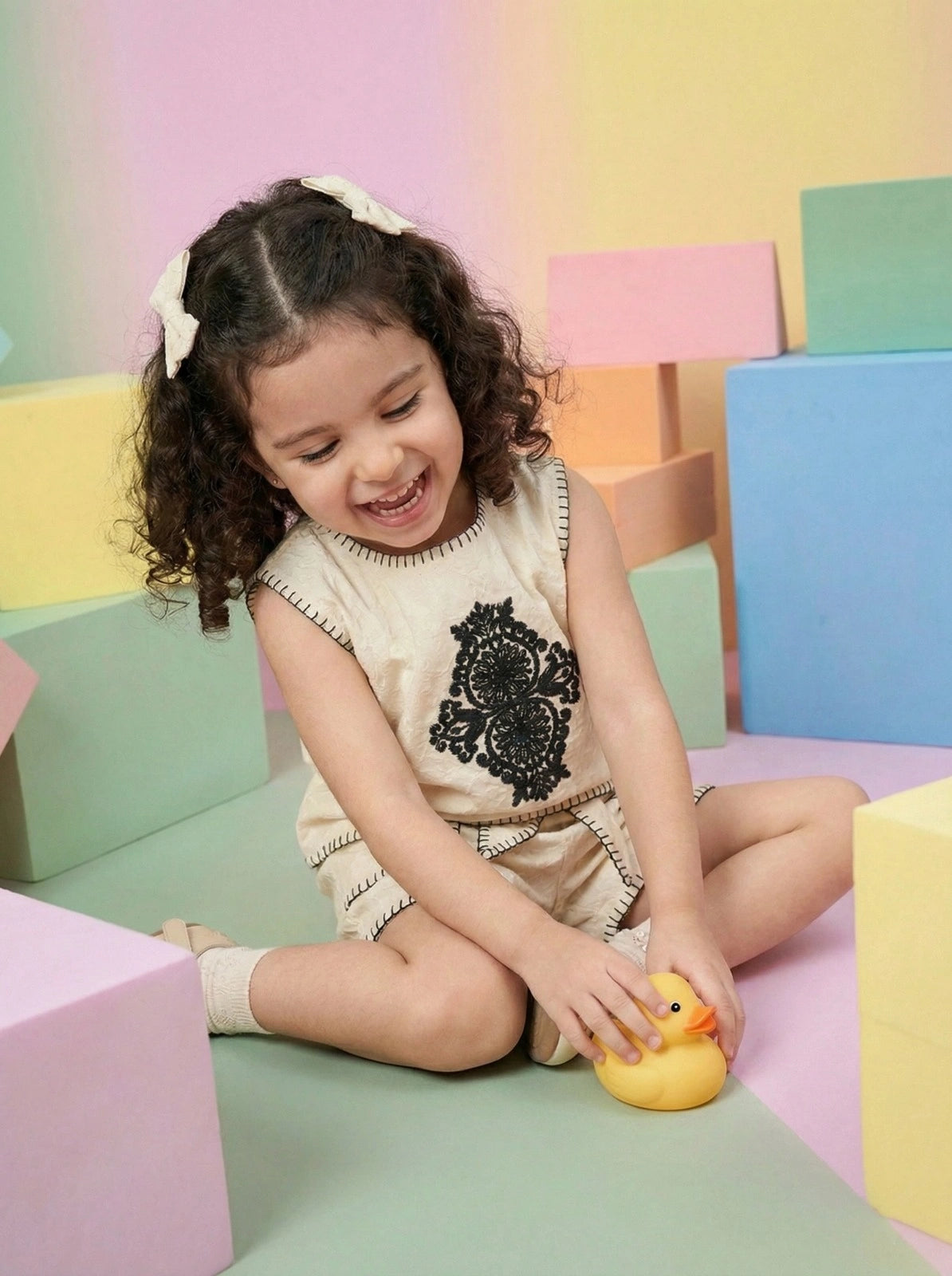 Girls Black Embroidered Cotton Co-ord Set (Top and Shorts)