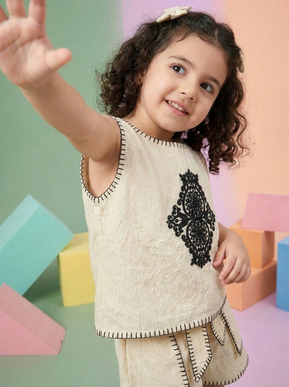 Girls Black Embroidered Cotton Co-ord Set (Top and Shorts)