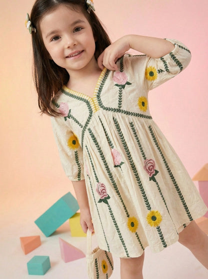 Girls Floral Embroidered Cotton Frock