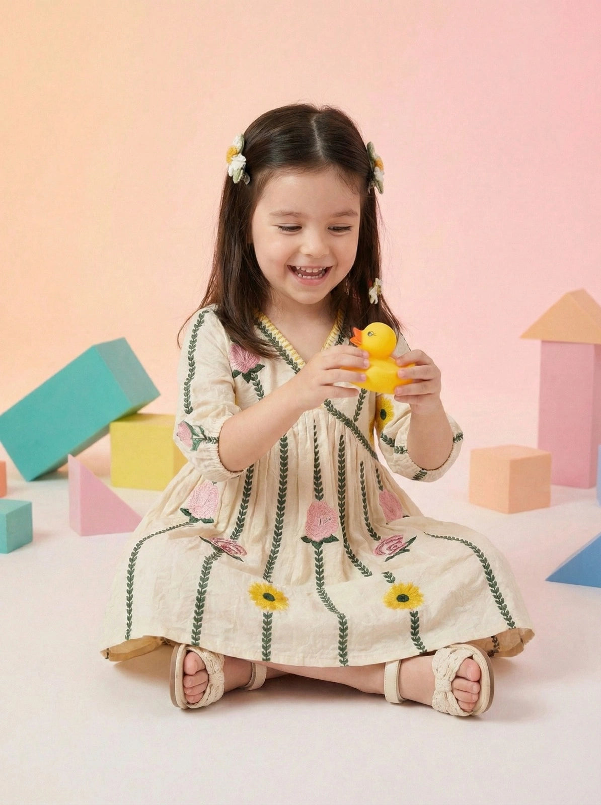 Girls Floral Embroidered Cotton Frock