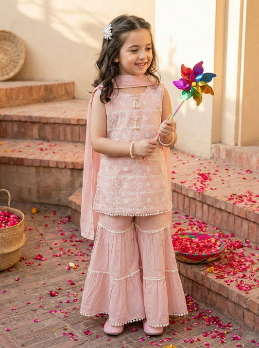 Girls Peach Embroidered Cotton Sharara Set