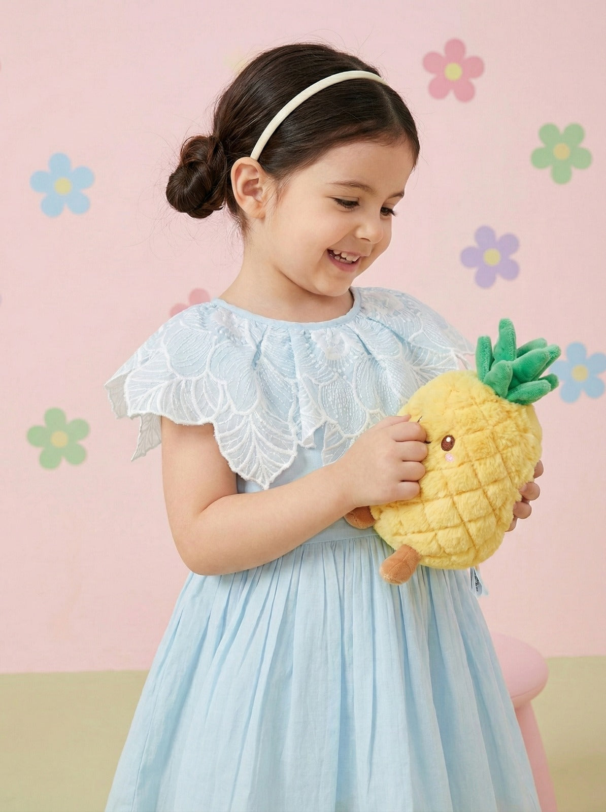 Girls sky blue cotton dress with lace detailing