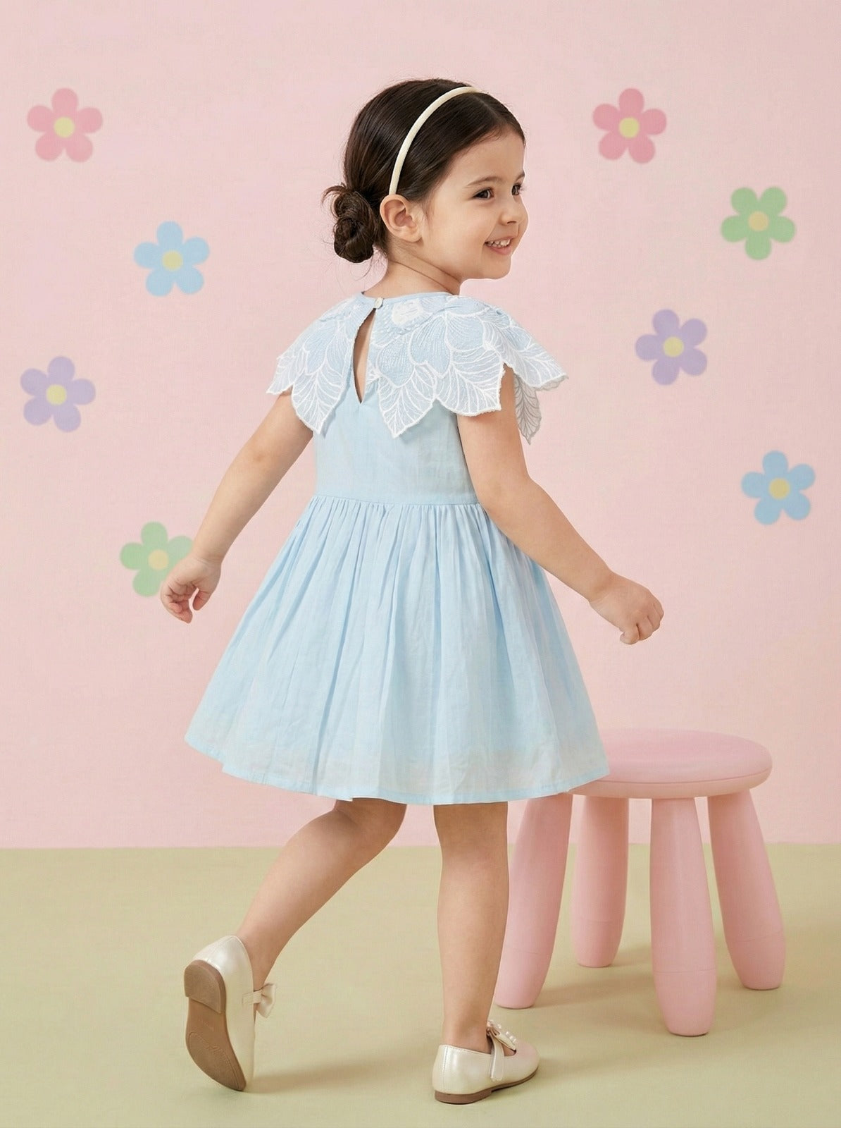 Comfortable sky blue cotton lace frock for kids
