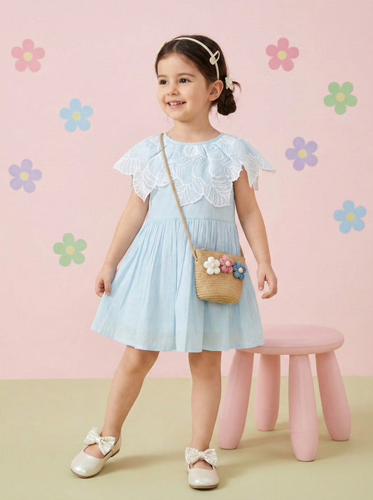 Girls sky blue cotton lace frock dress front view