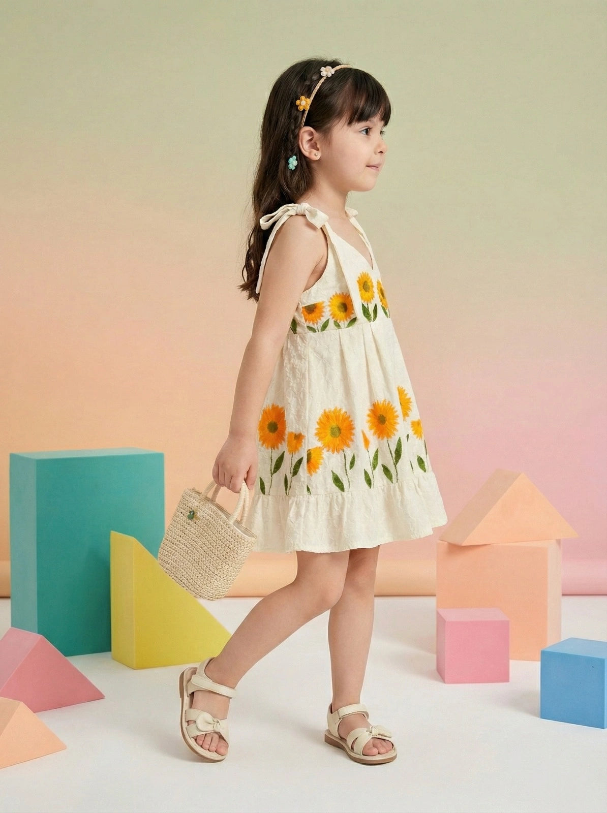 Girls Sunflower Embroidered Cotton Frock