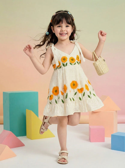 Girls Sunflower Embroidered Cotton Frock