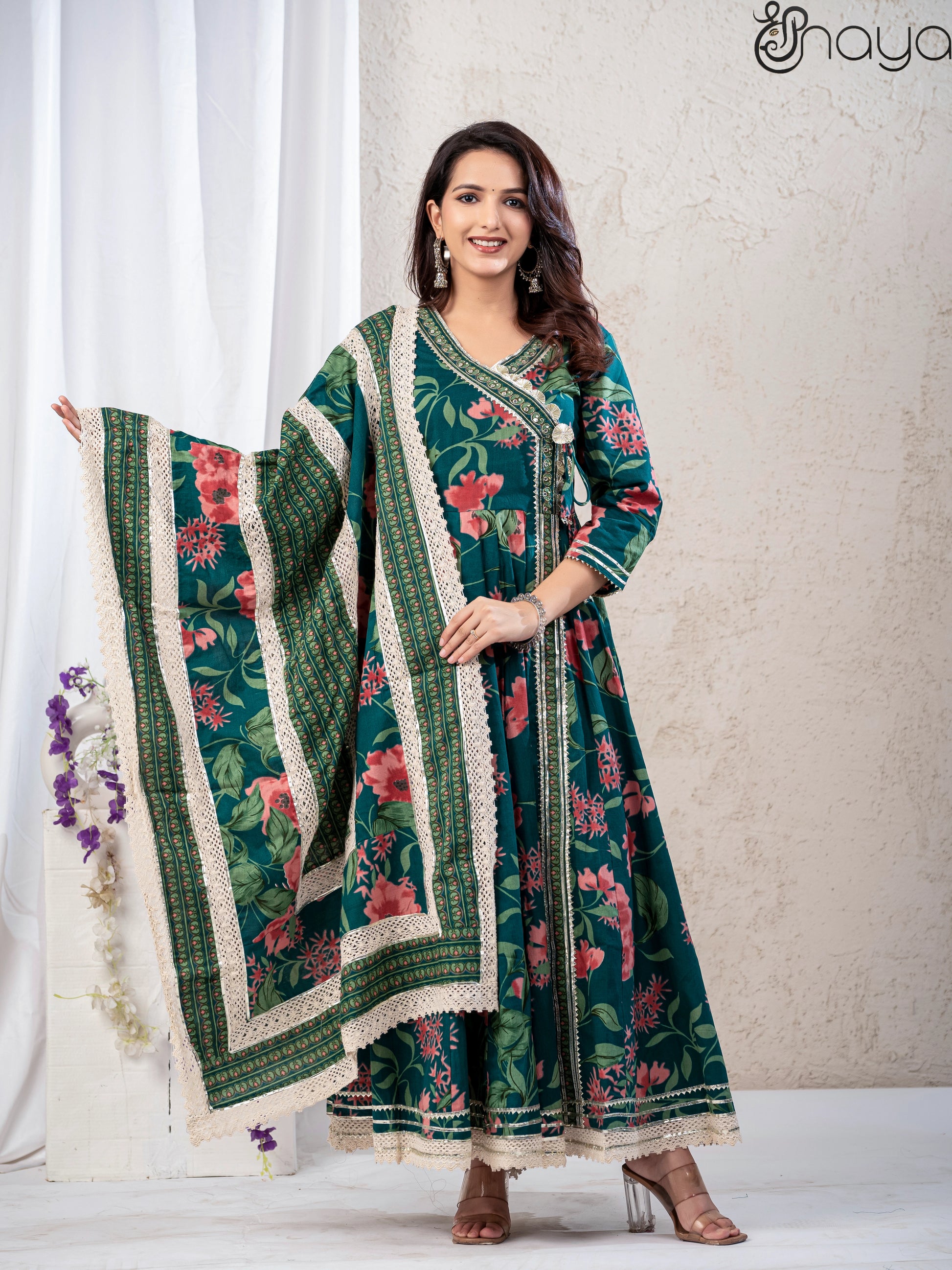 Green Anarkali Suit Set with Lace Work Dupatta – Shreenaya
