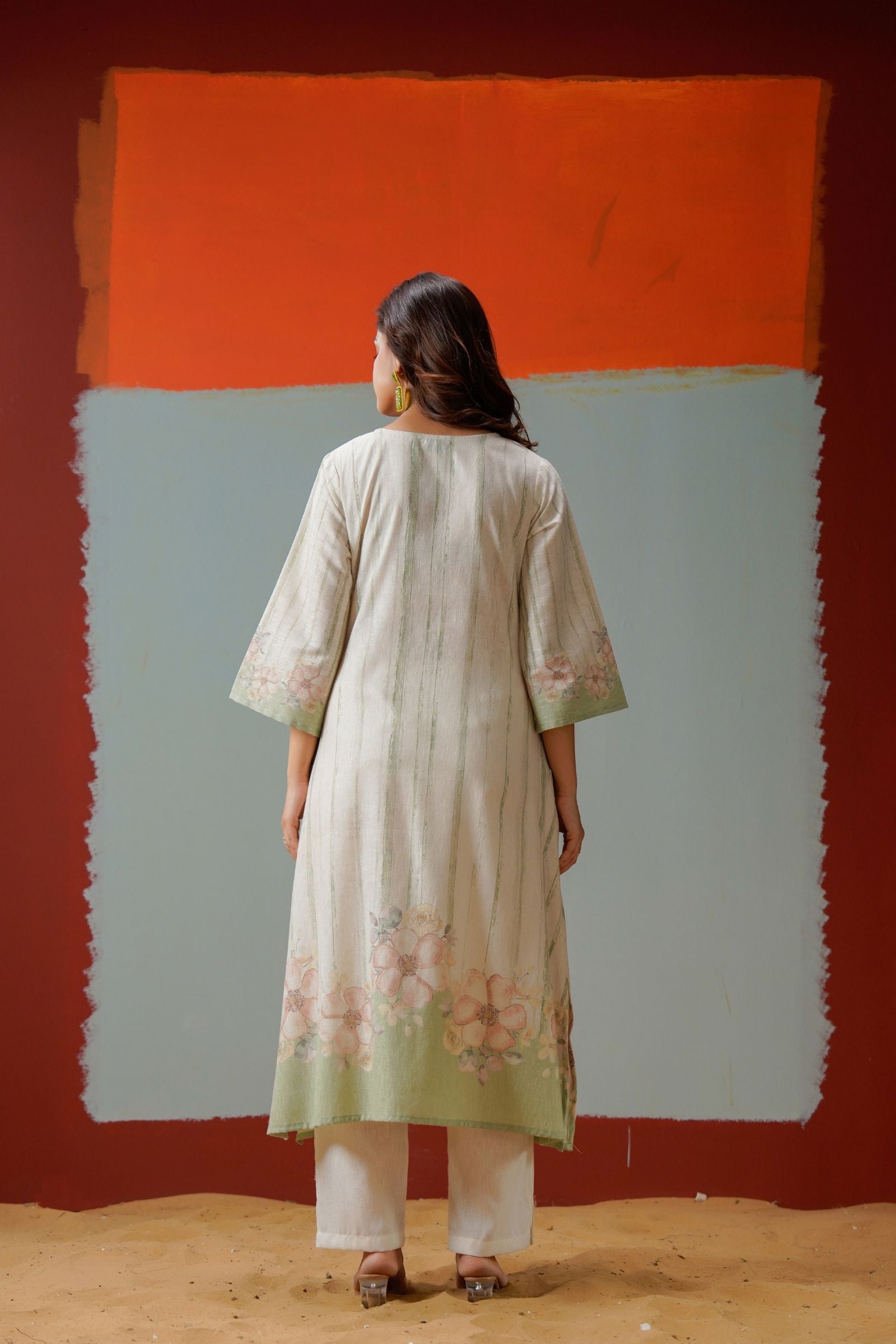 Designer green beige floral cotton kurta set