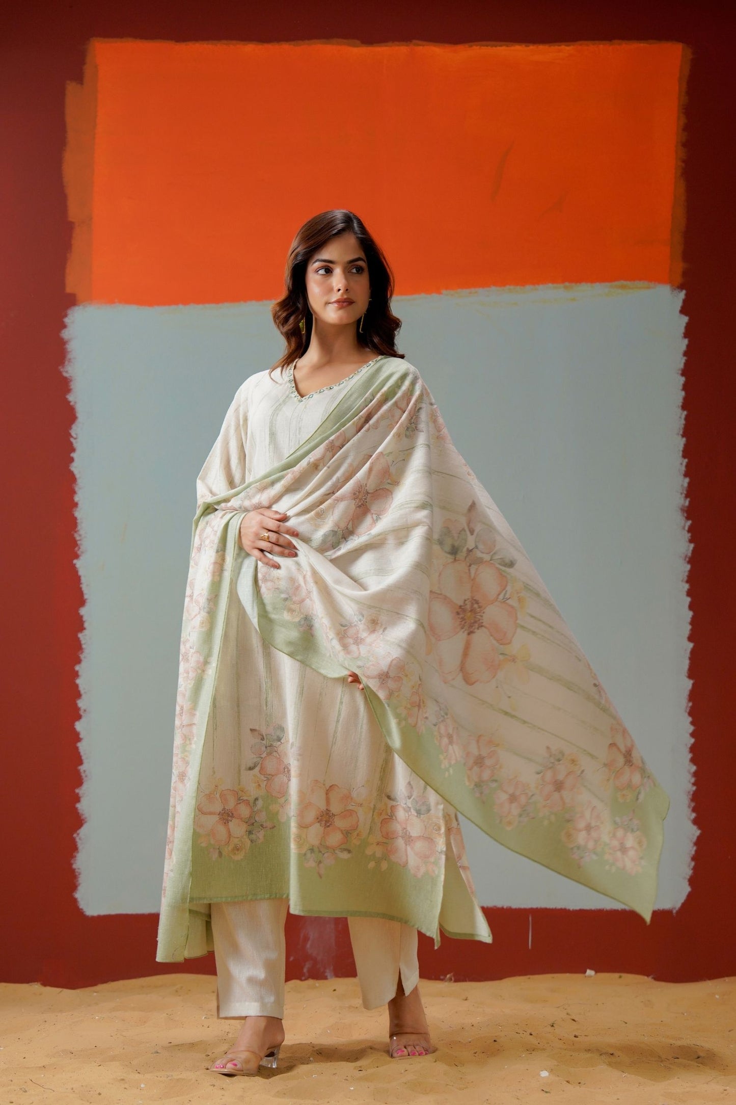 Green beige cotton kurta set for women
