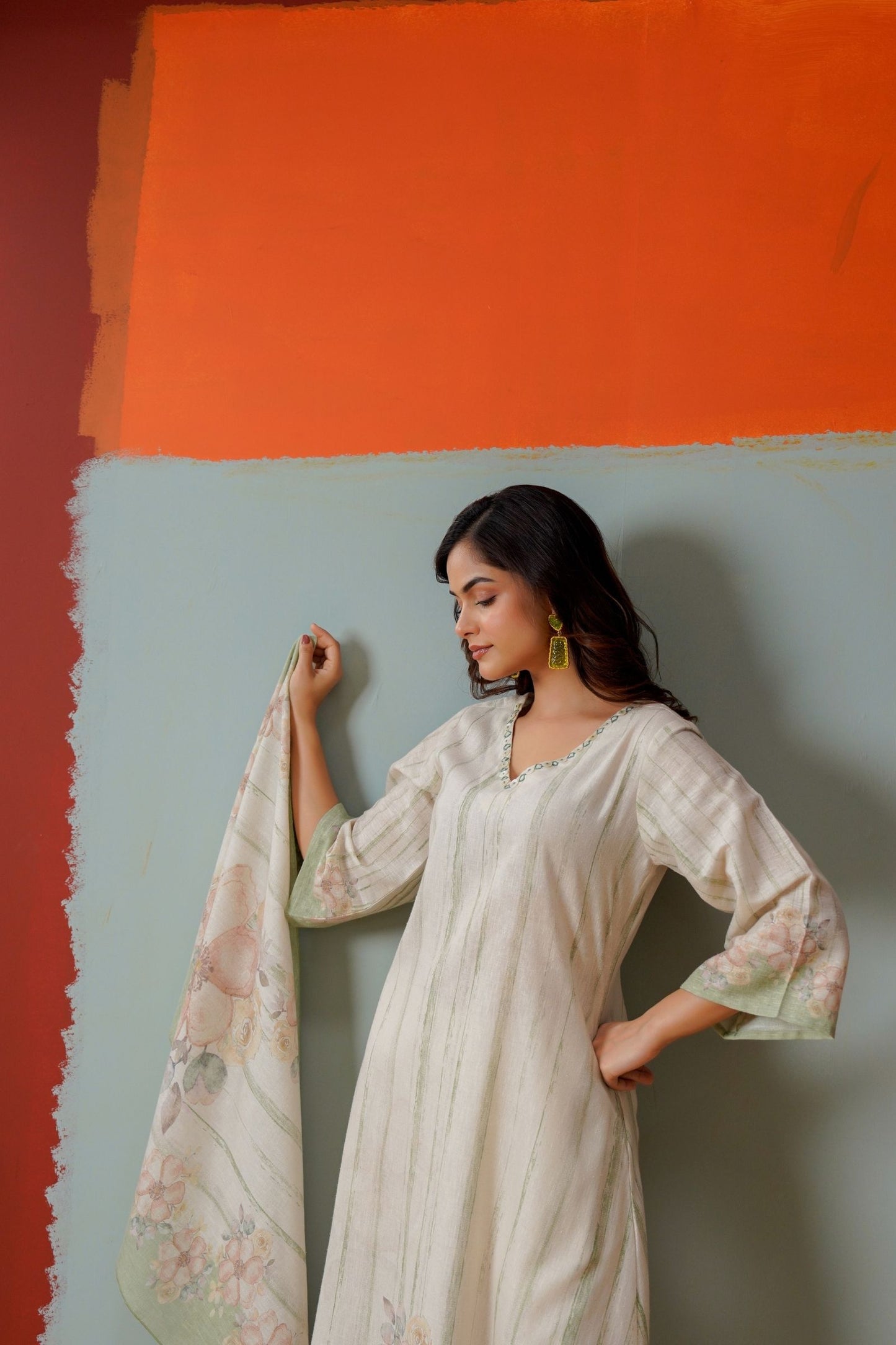Green beige floral print cotton kurta pant dupatta set