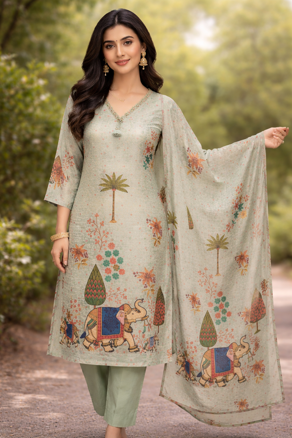 Green Botanical Print Cotton Kurta Pant Dupatta