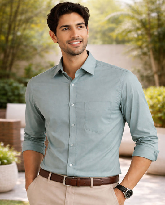 Green Cotton Regular Fit Casual Shirt (Full Sleeves)