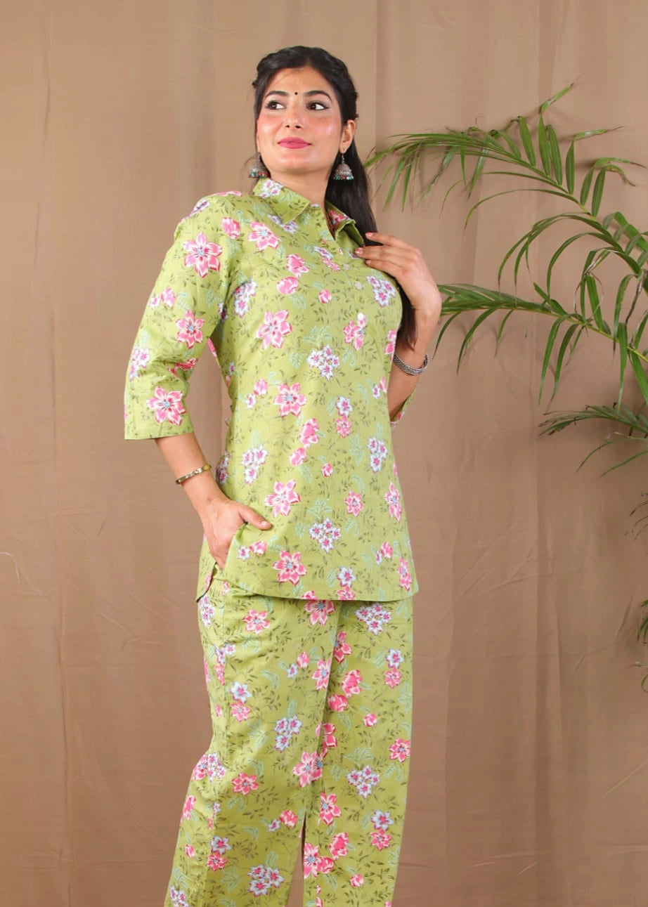 Green floral print cotton co-ord set