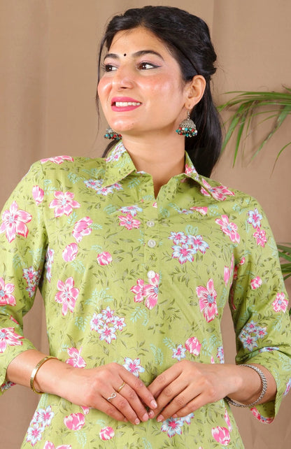 Green floral cotton co-ord set for women