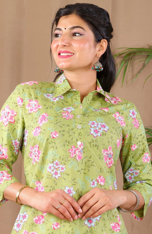 Green floral cotton co-ord set for women