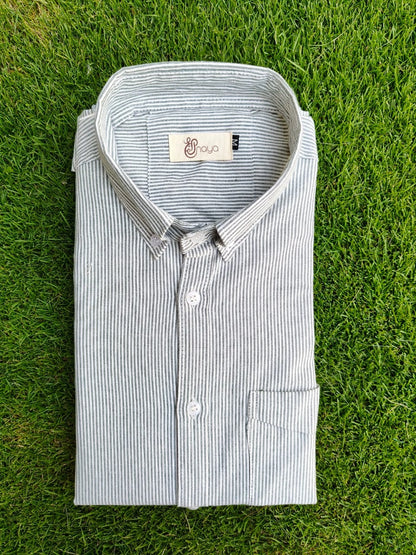green striped oxford men’s shirt styled for casual wear