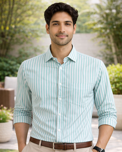 Green Striped Oxford Regular Fit Casual Shirt (Full Sleeves)