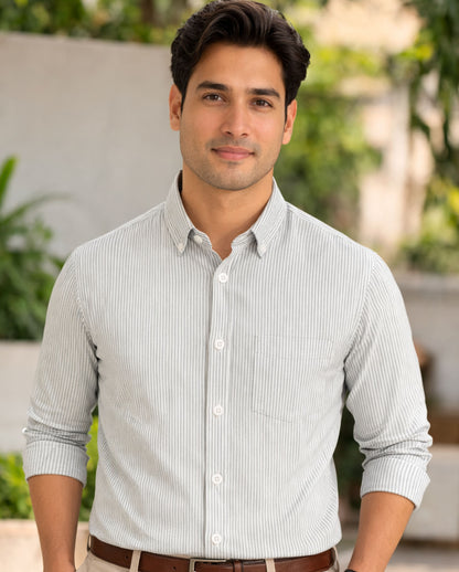 Green Striped Oxford Regular Fit Casual Shirt (Full Sleeves)