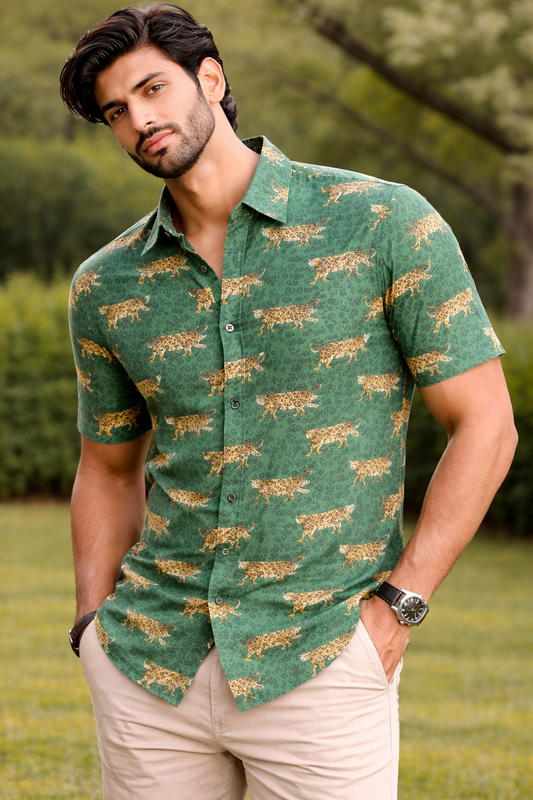 Green Leopard Print Cotton Regular Fit Casual Shirt (Half Sleeves)