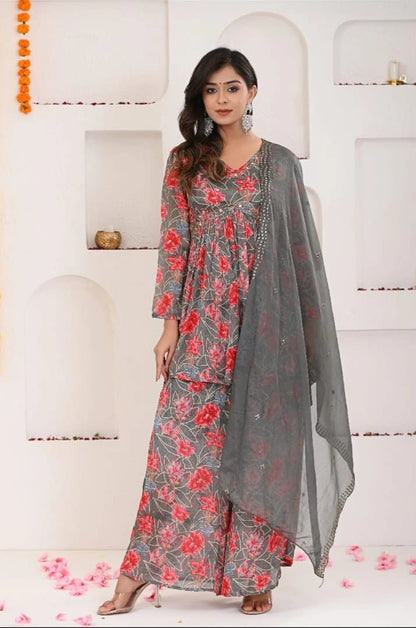 grey pink floral kurta sharara dupatta ethnic set styled look Shreenaya