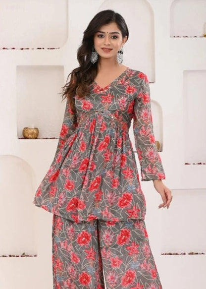 grey pink floral chinon angrakha kurta sharara dupatta set