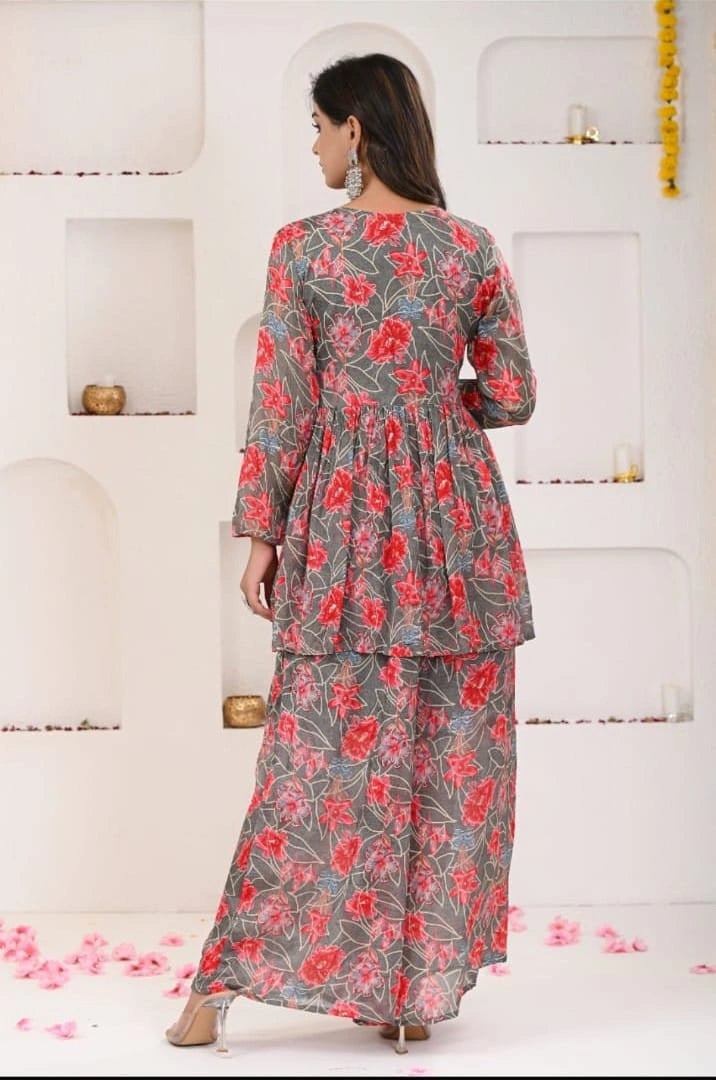 Shareenaya festive grey pink floral angrakha kurta sharara outfit