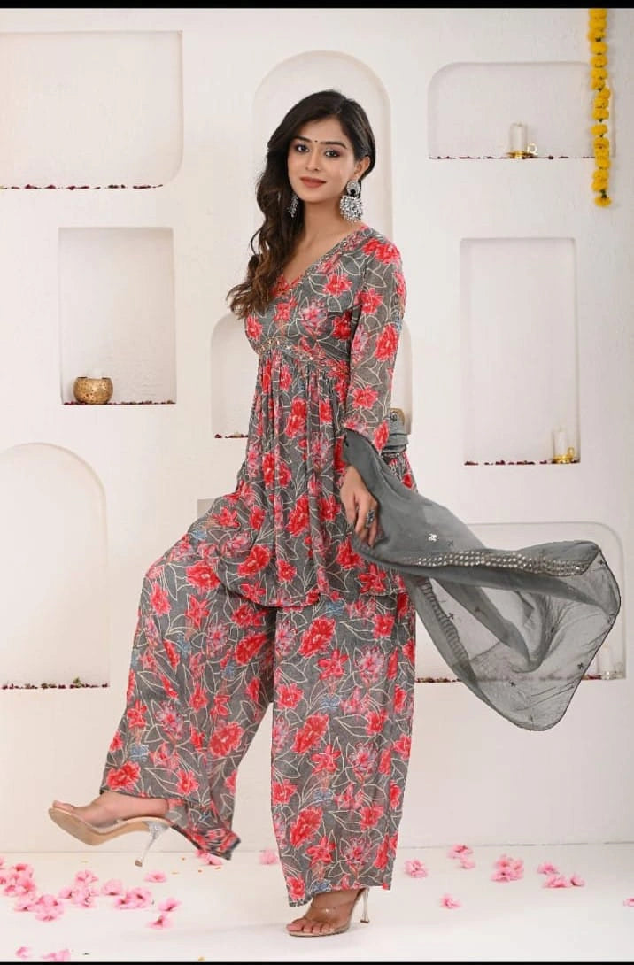 close up grey pink floral chinon fabric detail