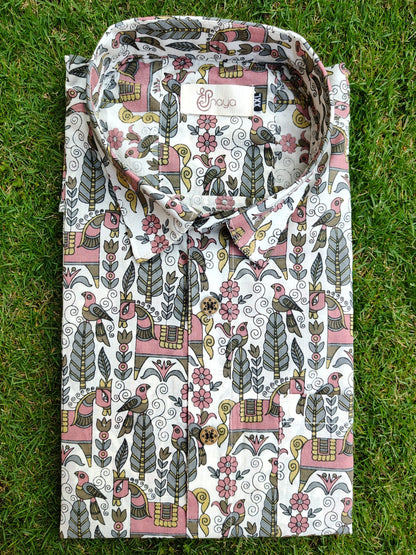 White Pink Tropical Print Cotton Regular Fit Casual Shirt (Half Sleeves)