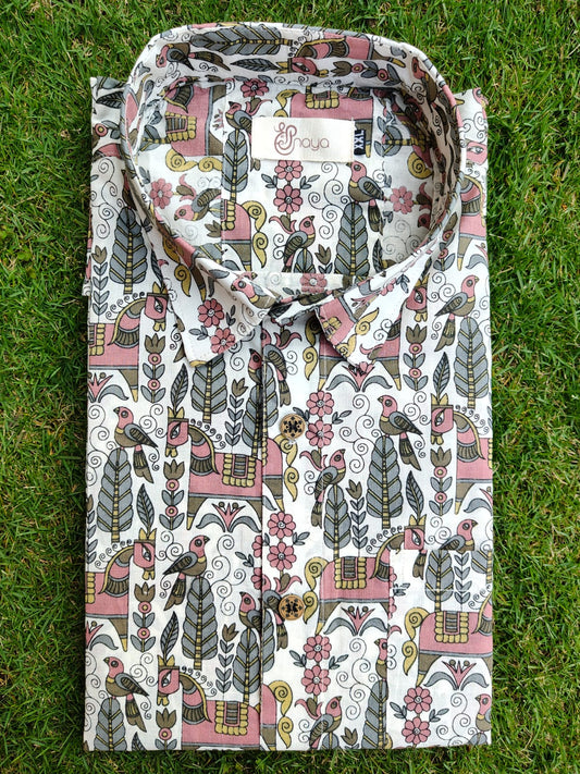 White Pink Tropical Print Cotton Regular Fit Casual Shirt (Half Sleeves)