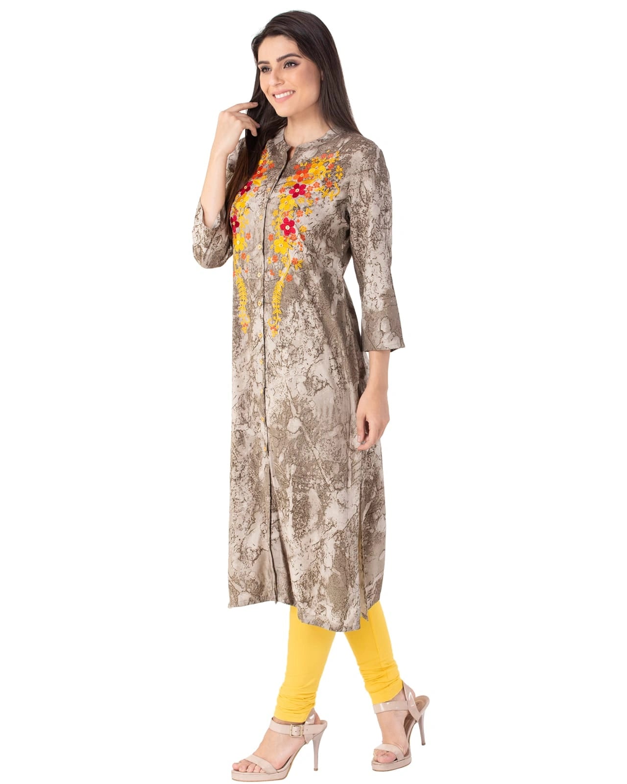 grey embroidered cotton kurti front view