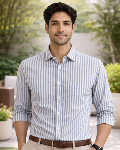 Grey Striped Oxford Regular Fit Casual Shirt (Full Sleeves)