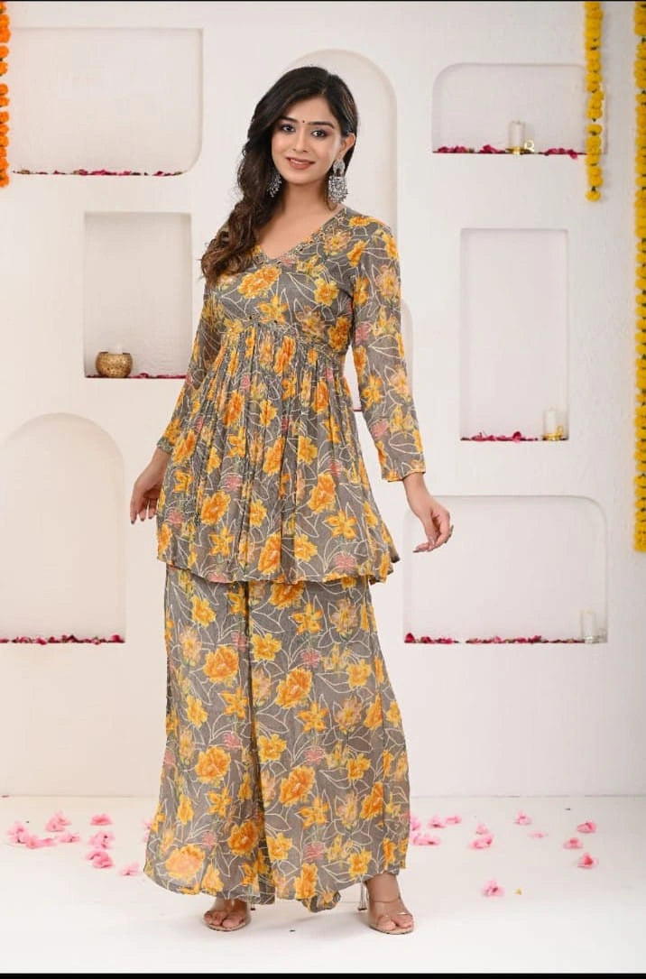 shreenaya festive grey yellow floral sharara outfit