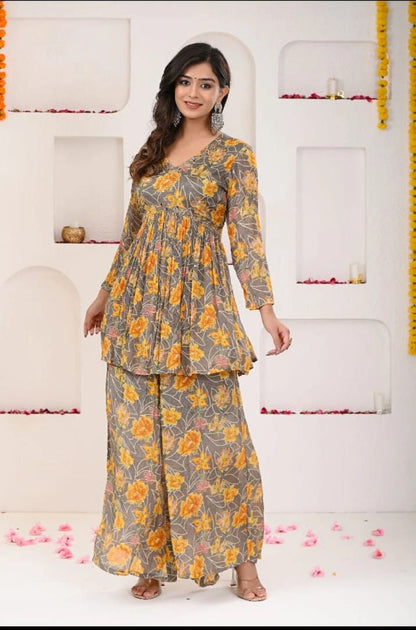 shreenaya festive grey yellow floral sharara outfit