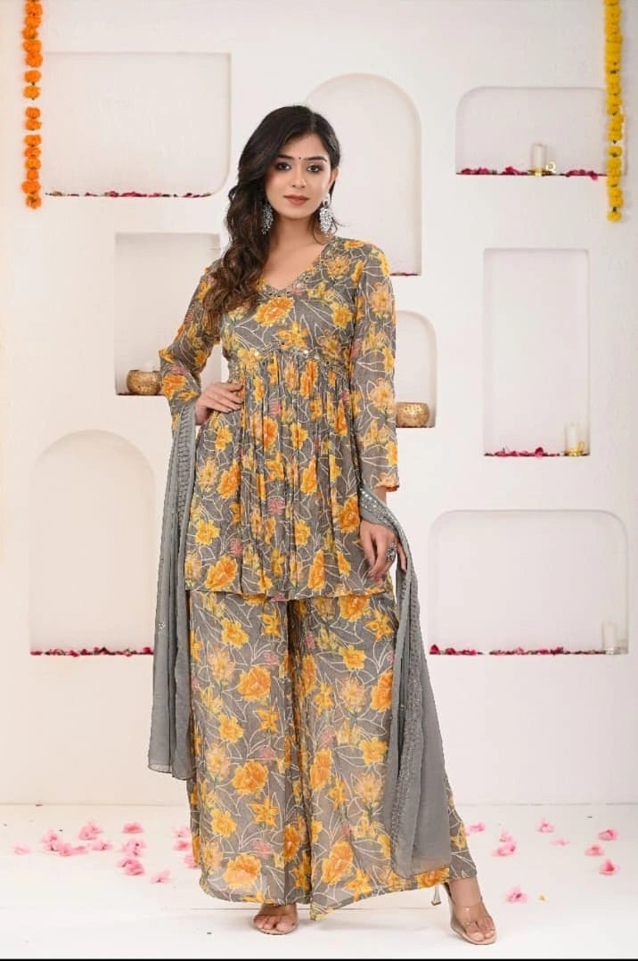 shreenaya angrakha style grey yellow kurta sharara ethnic look