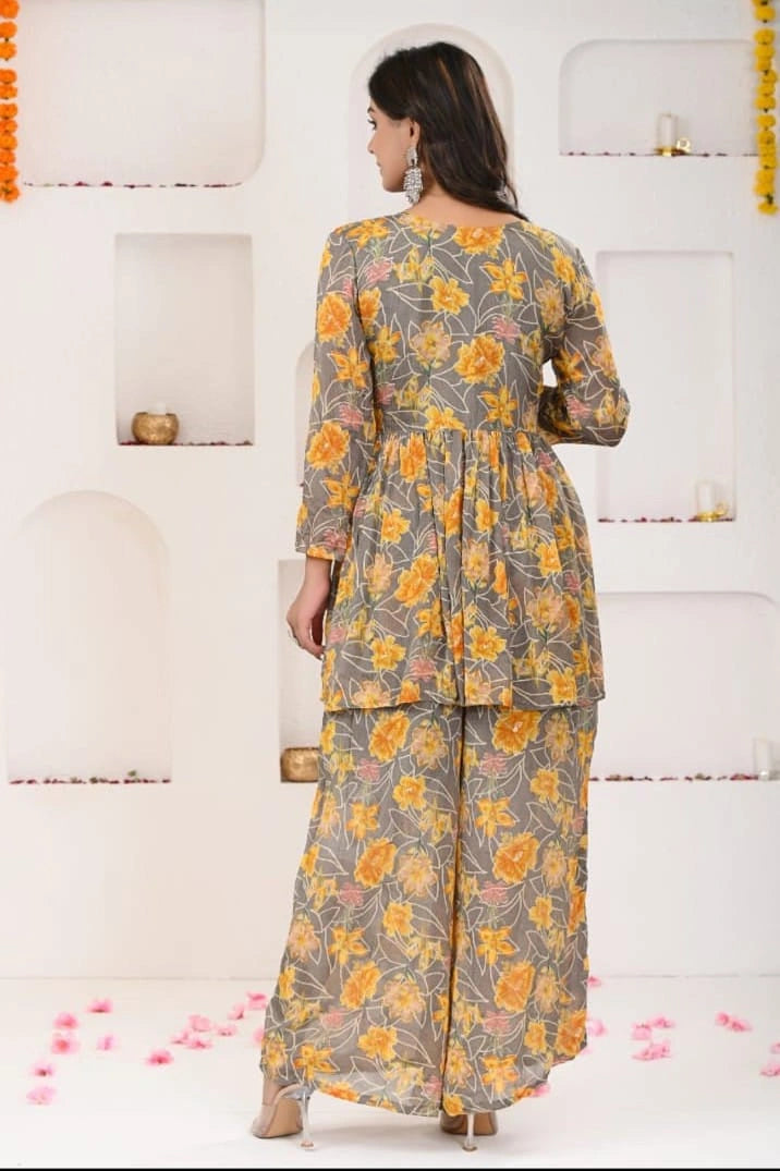shreenaya grey yellow floral angrakha kurta sharara dupatta