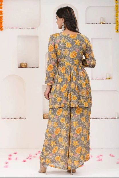 shreenaya grey yellow floral angrakha kurta sharara dupatta
