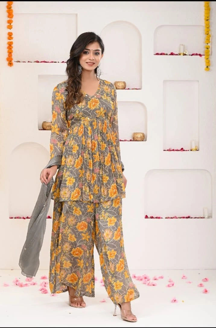 shreenaya grey yellow floral angrakha dupatta Set