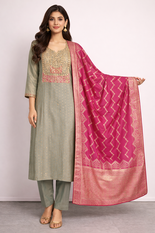 Grey Tissue Chanderi Jacquard Embroidered Kurta Pant With Printed Dupatta