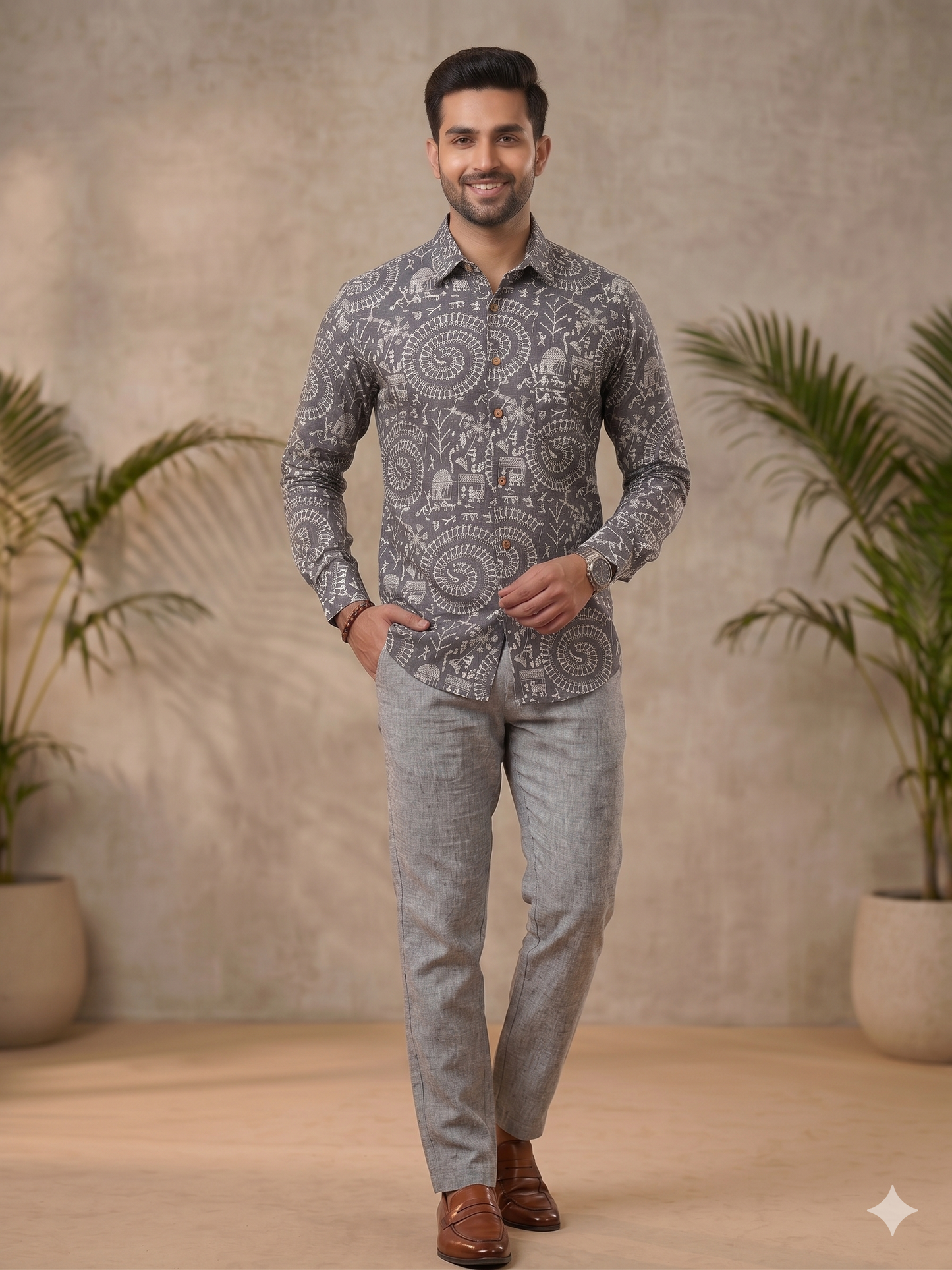 Grey Warli Print Regular Fit Casual Shirt (Full Sleeves)