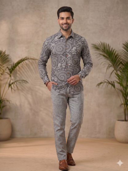 Grey Warli Print Regular Fit Casual Shirt (Full Sleeves)