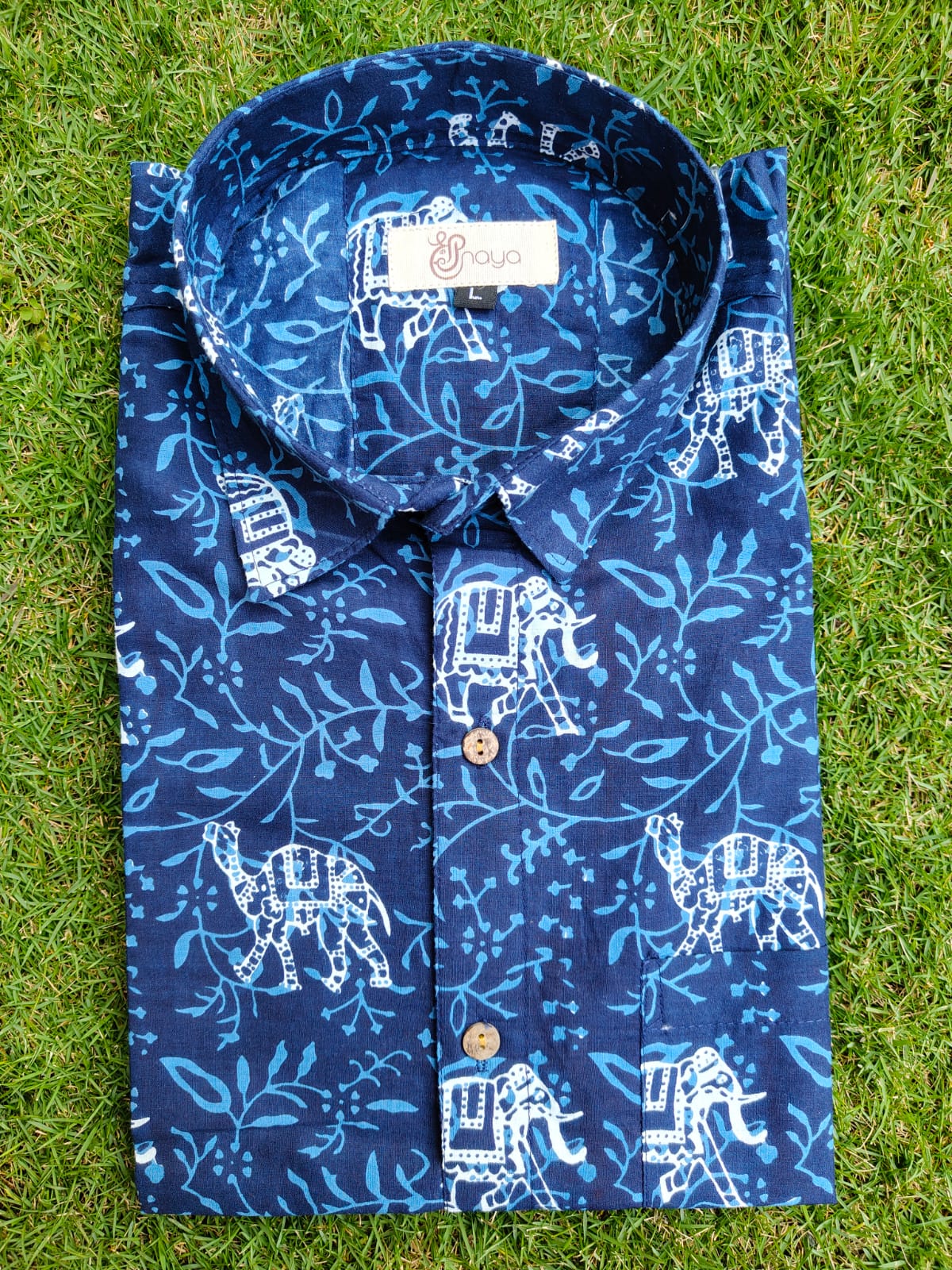 Indigo Big Elephant Print Cotton Regular Fit Casual Shirt (Half Sleeves)