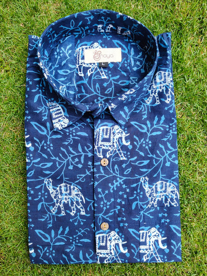 Indigo Big Elephant Print Cotton Regular Fit Casual Shirt (Half Sleeves)