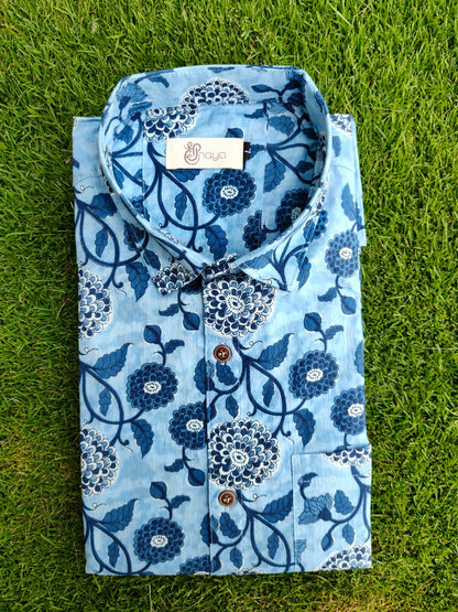 Indigo Floral Print Cotton Regular Fit Casual Shirt (Half Sleeves)