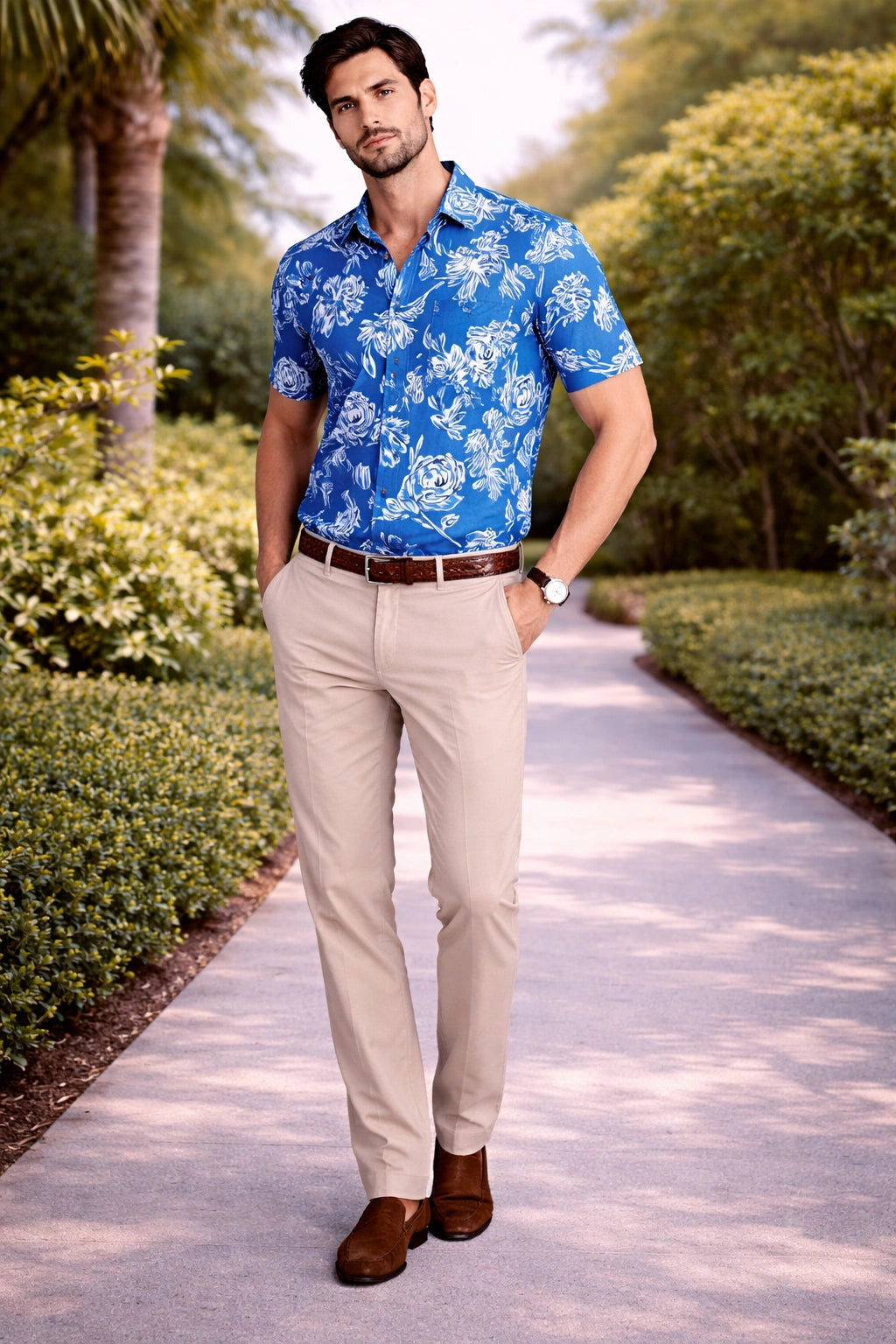 Men’s indigo floral printed cotton shirt half sleeves