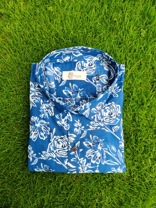 Indigo Floral Printed Cotton Regular Fit Casal Shirt  (Half Sleeves)