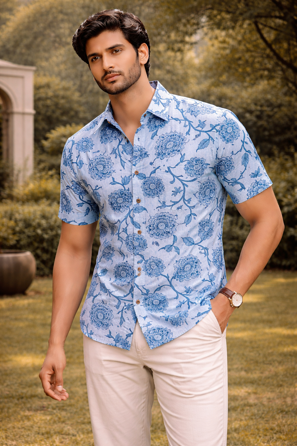 Indigo Floral Print Cotton Regular Fit Casual Shirt (Half Sleeves)